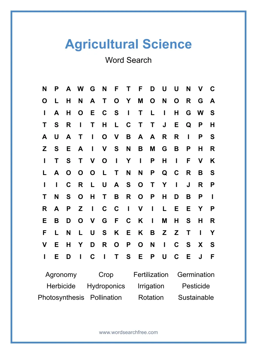 Agricultural Science Word Search - Free printable puzzle with 12 words