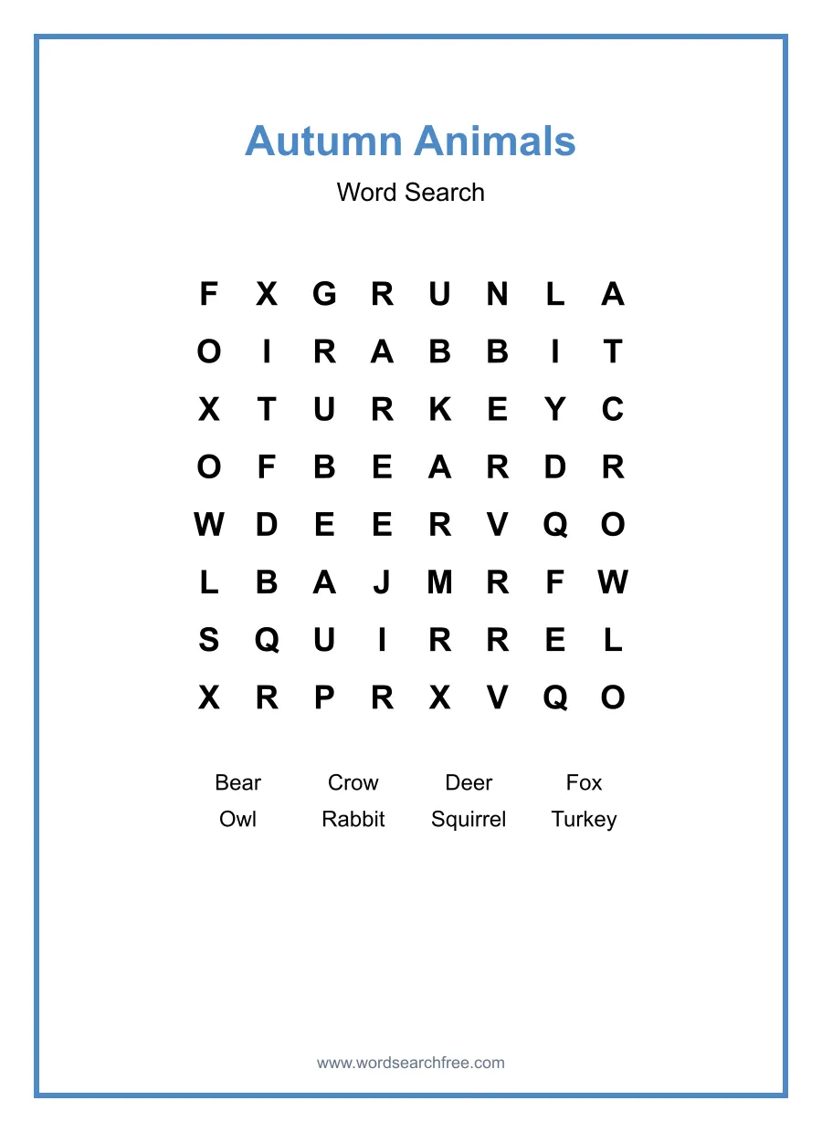 Autumn Animals Word Search - Free printable puzzle with 8 words