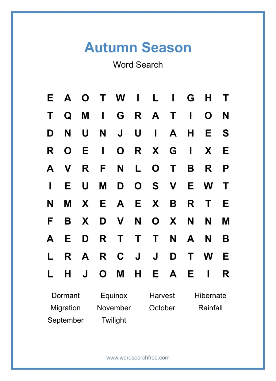Autumn Season Word Search - Free printable puzzle with 10 words