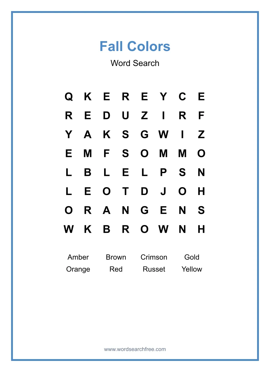 Fall Colors Word Search - Free printable puzzle with 8 words