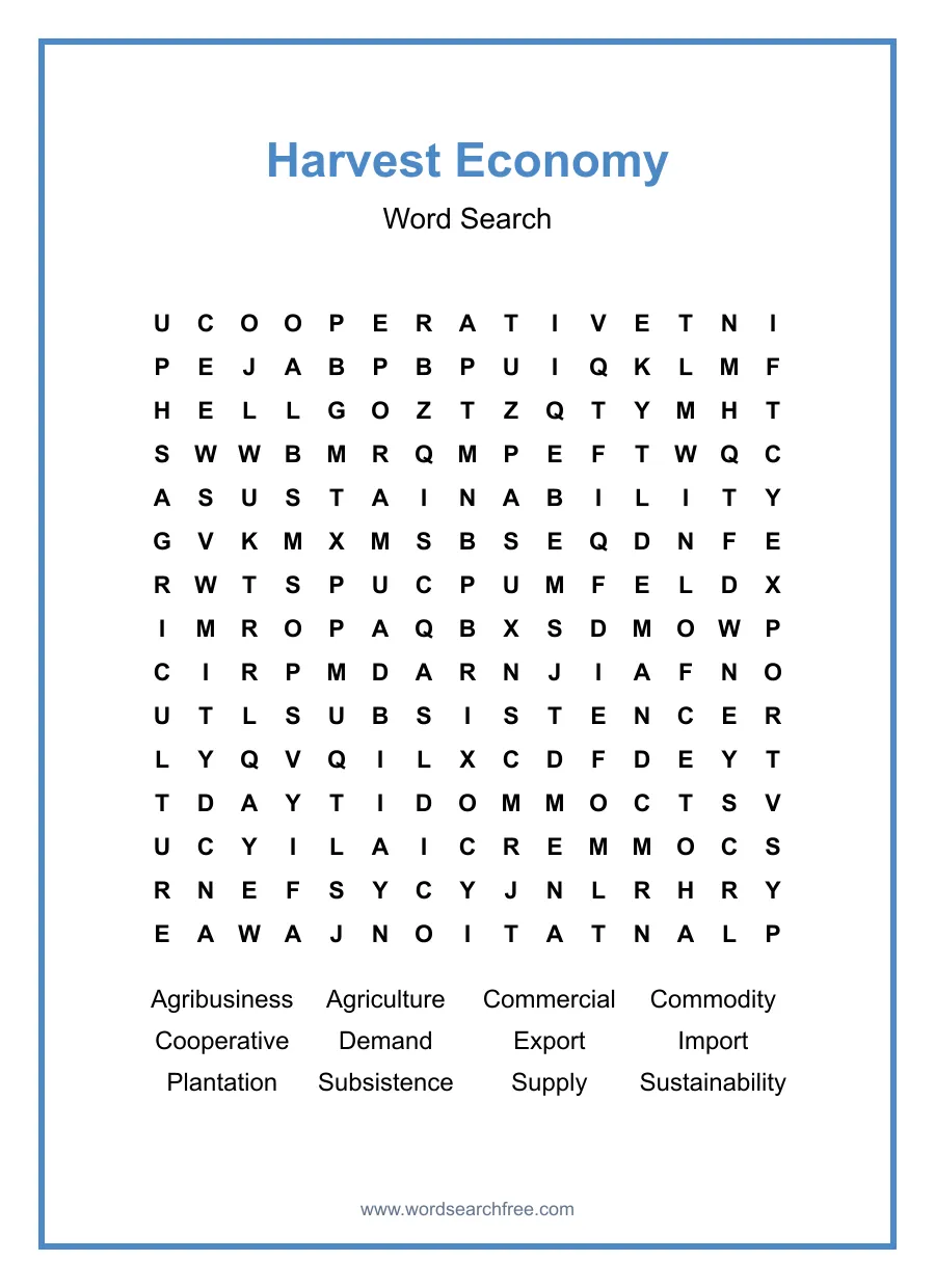 Harvest Economy Word Search - Free printable puzzle with 12 words