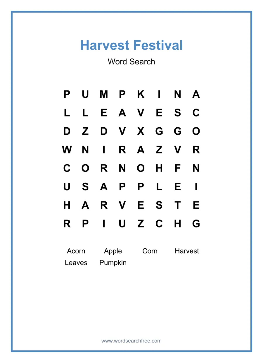 Harvest Festival Word Search - Free printable puzzle with 6 words