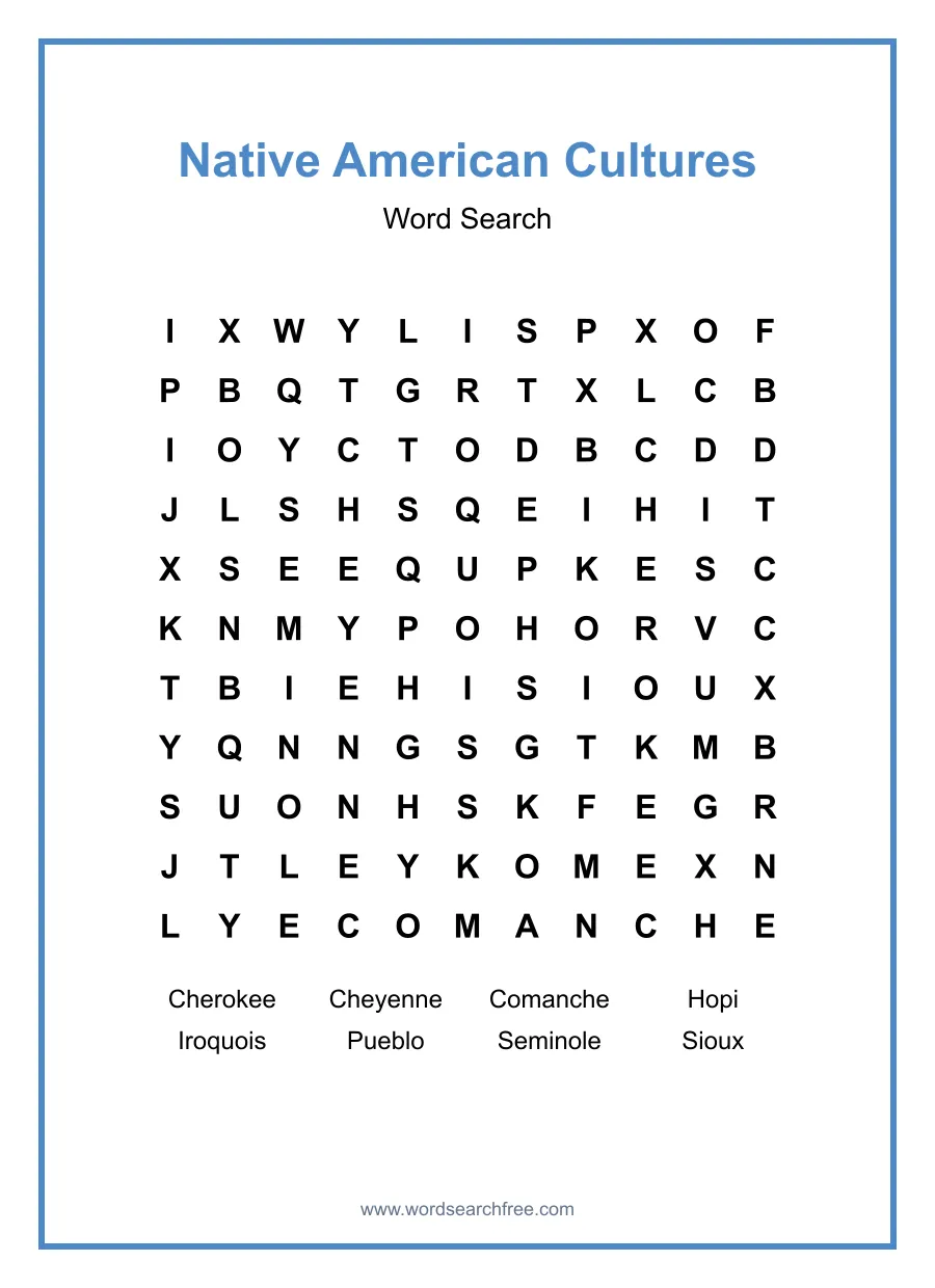 Native American Cultures Word Search - Free printable puzzle with 8 words