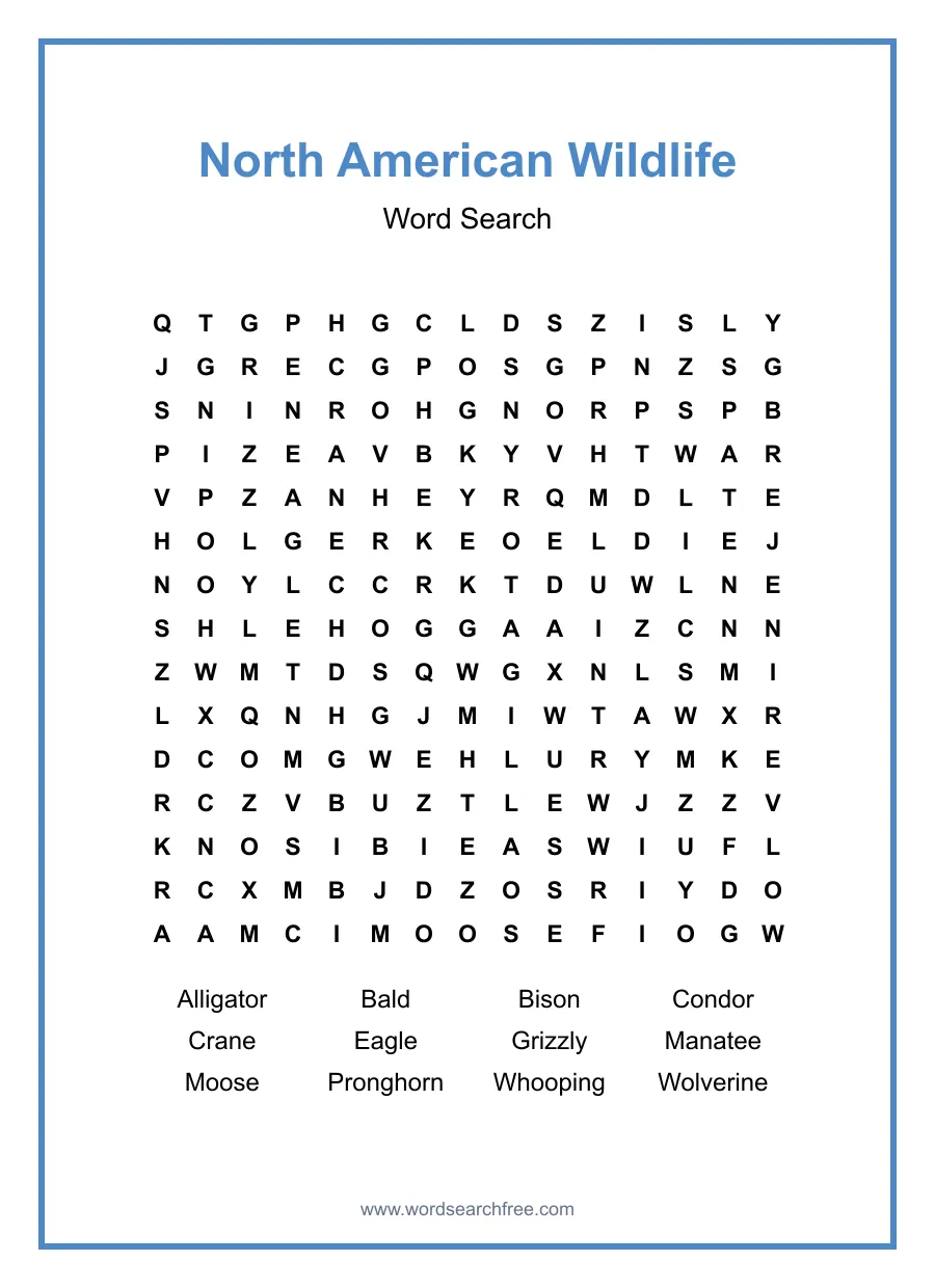 North American Wildlife Word Search - Free printable puzzle with 12 words