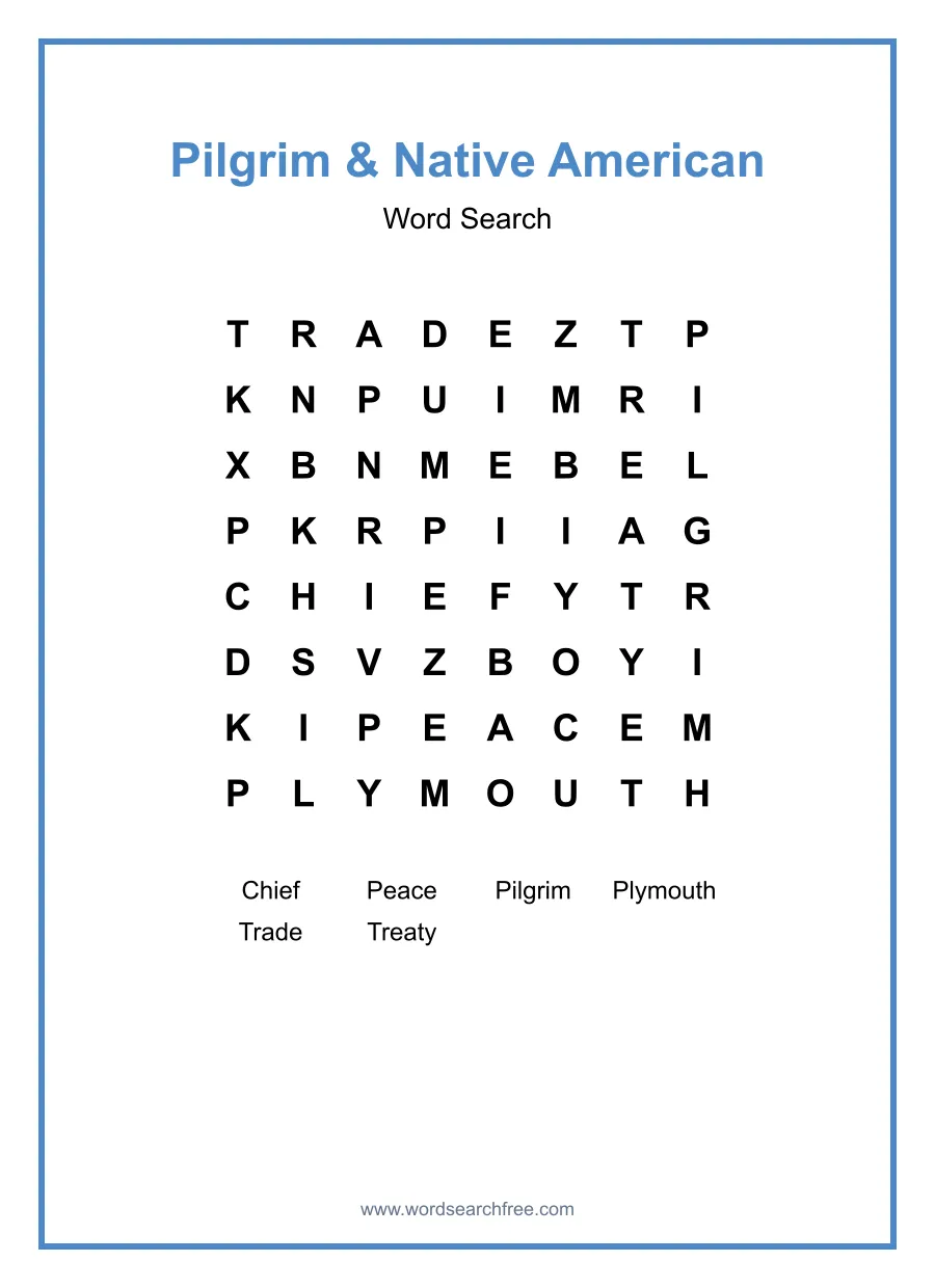 Pilgrim & Native American Word Search - Free printable puzzle with 6 words