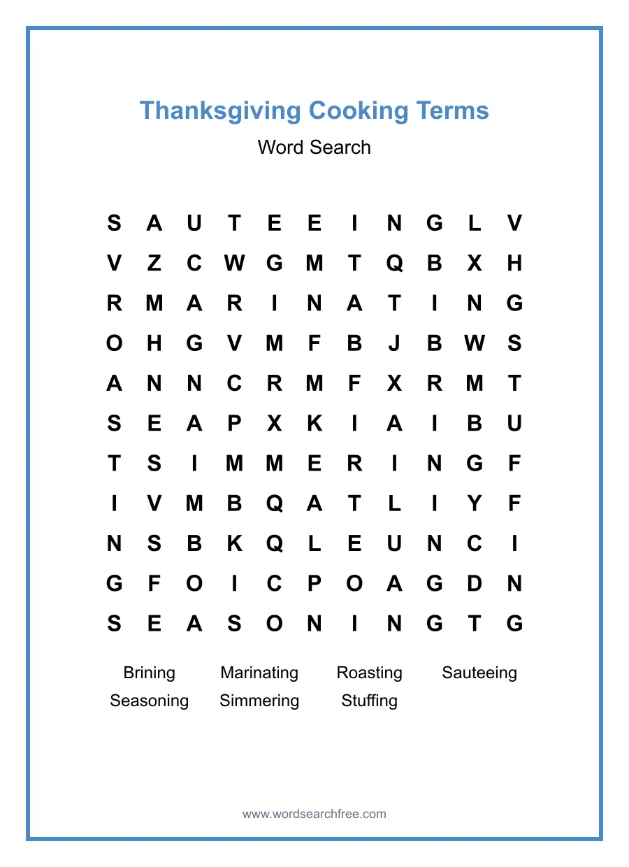 Thanksgiving Cooking Terms Word Search - Free printable puzzle with 7 words