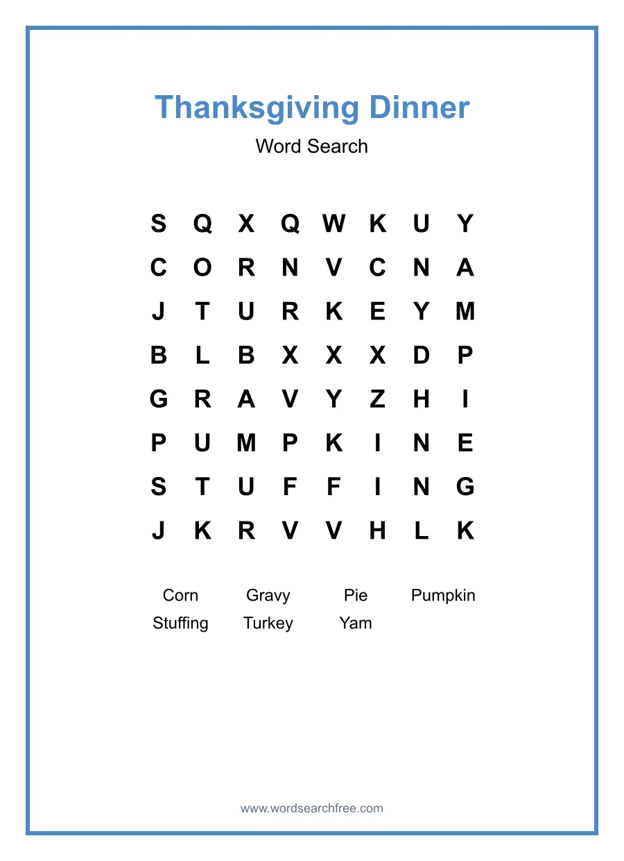 Thanksgiving Dinner Word Search - Free printable puzzle with 7 words