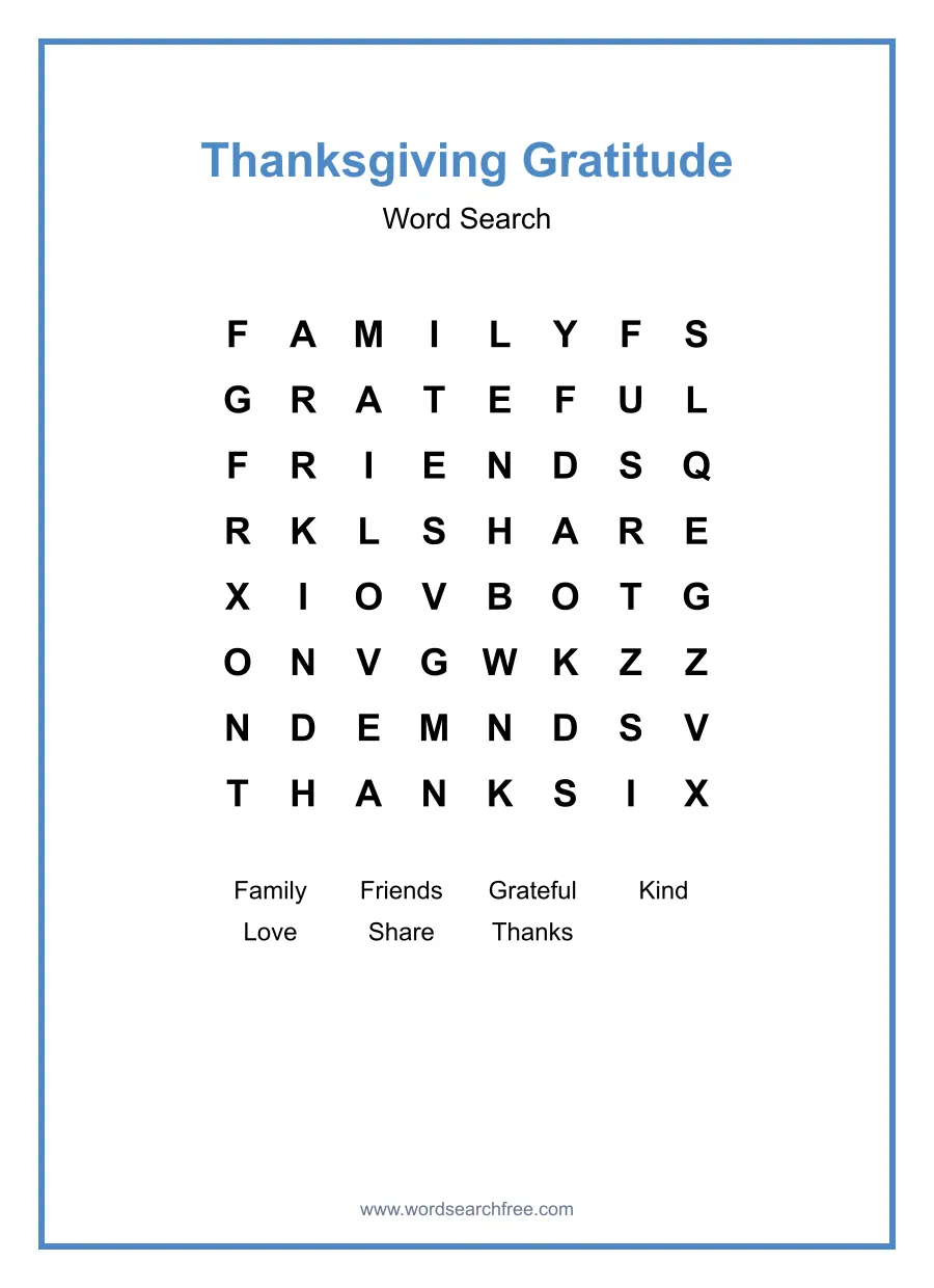 Thanksgiving Gratitude Word Search - Free printable puzzle with 7 words