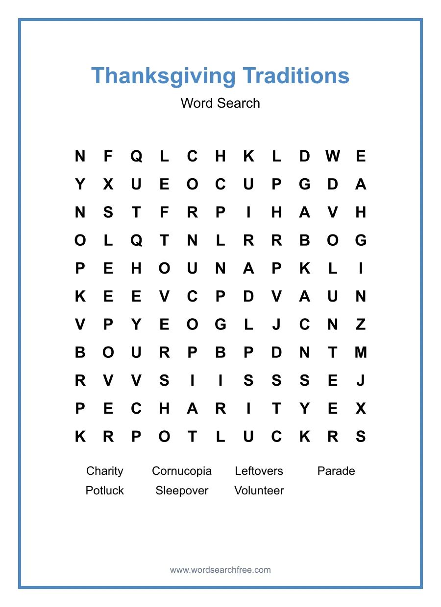 Thanksgiving Traditions Word Search - Free printable puzzle with 7 words