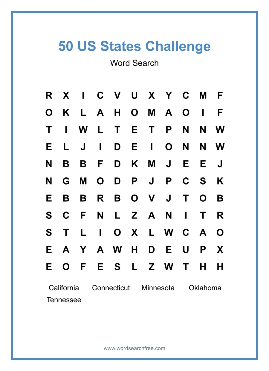 50 US States Challenge Word Search - Free printable puzzle with 5 words