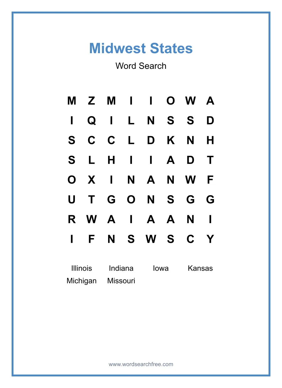 Midwest States Word Search - Free printable puzzle with 6 words