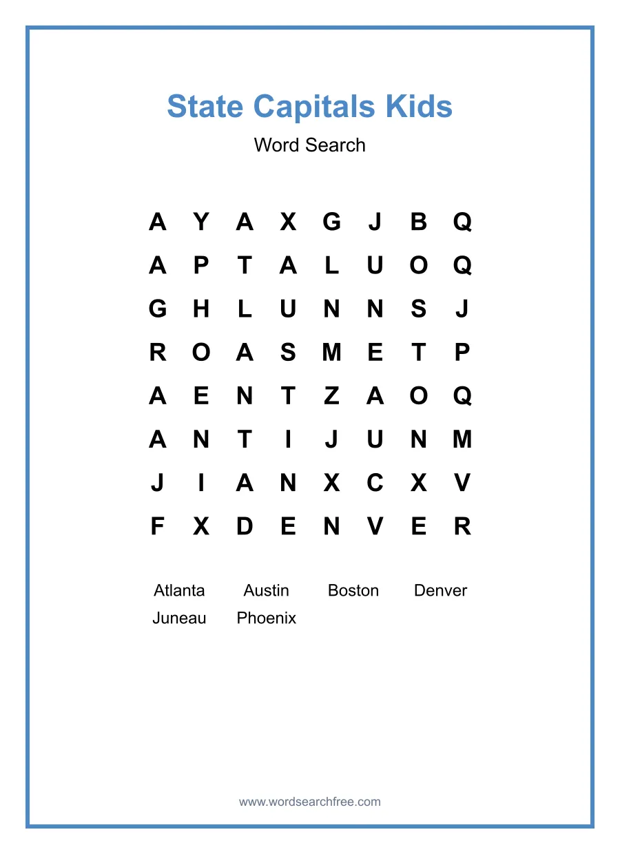 State Capitals Kids Word Search - Free printable puzzle with 6 words