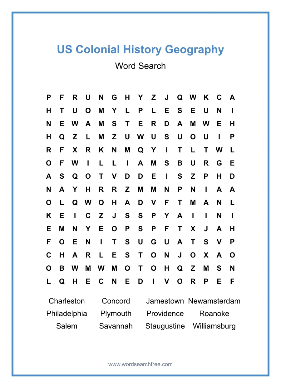 US Colonial History Geography Word Search - Free printable puzzle with 12 words