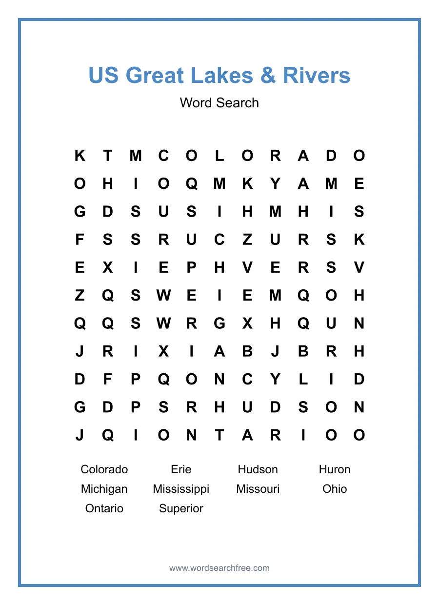 US Great Lakes & Rivers Word Search - Free printable puzzle with 10 words