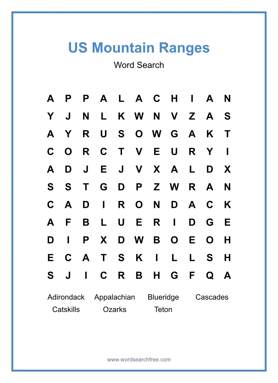 US Mountain Ranges Word Search - Free printable puzzle with 7 words