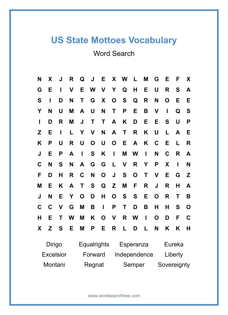 US State Mottoes Vocabulary Word Search - Free printable puzzle with 12 words