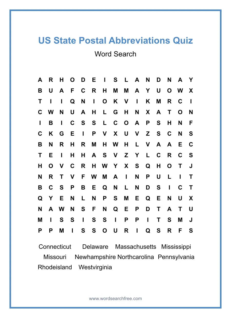 US State Postal Abbreviations Quiz Word Search - Free printable puzzle with 10 words