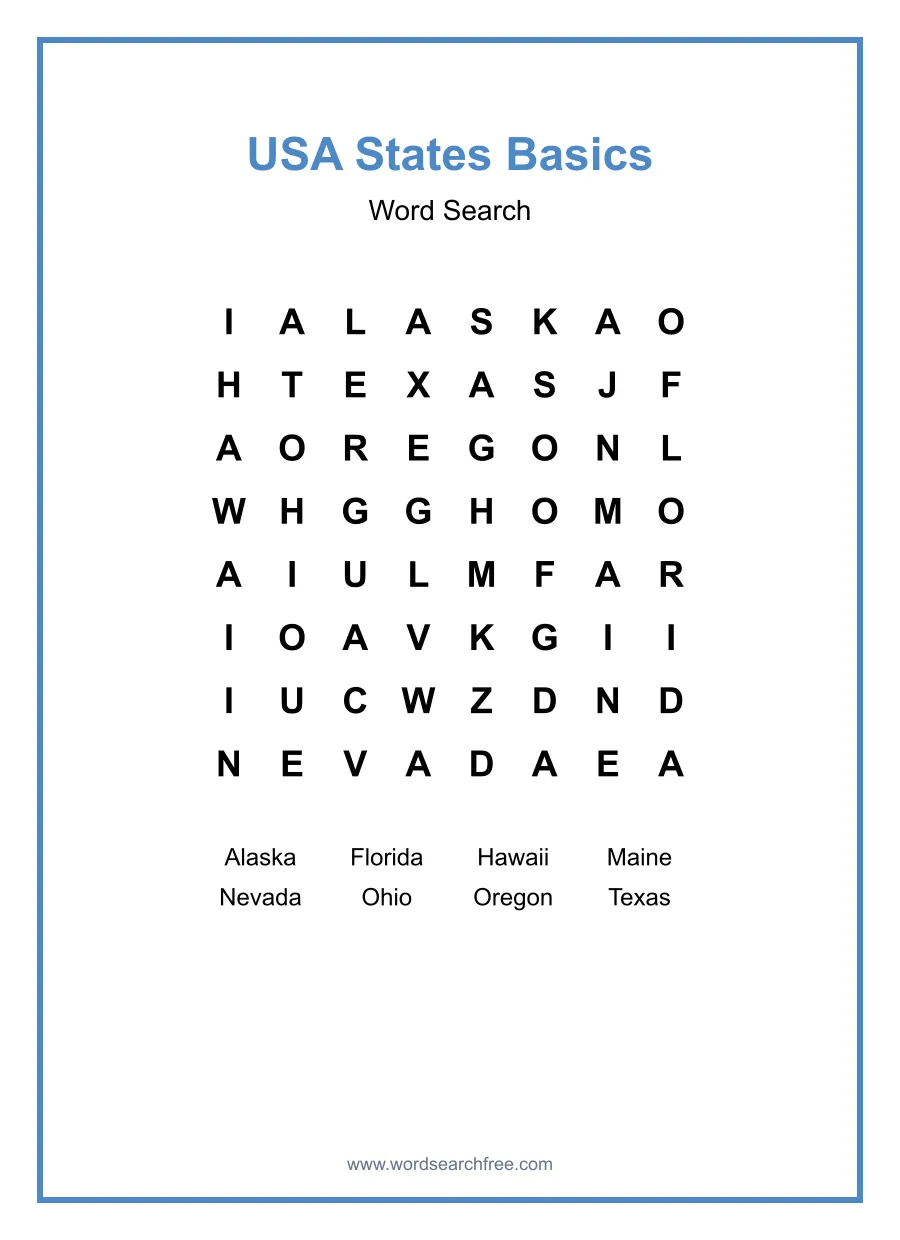 USA States Basics Word Search - Free printable puzzle with 8 words