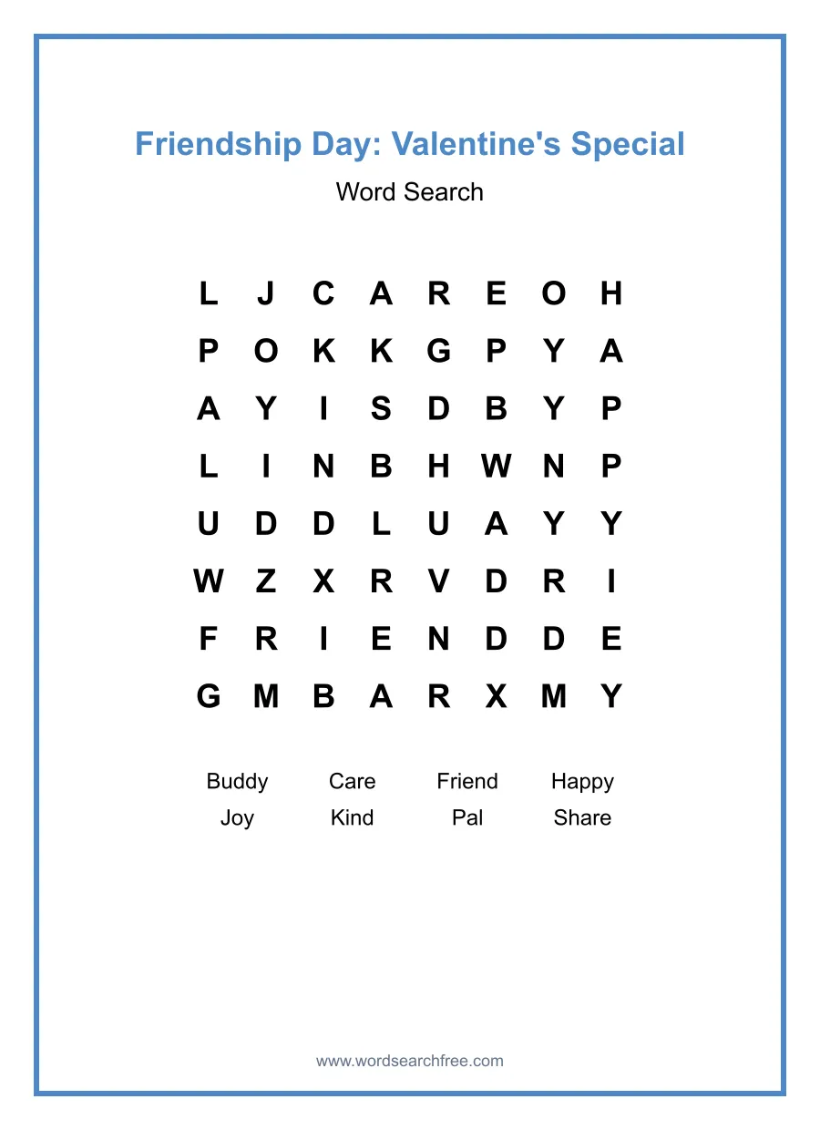 Friendship Day Word Search: Valentine's Special - Free printable puzzle with 8 words
