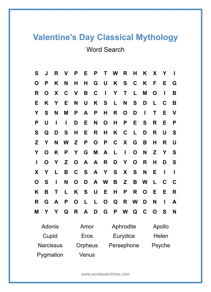 Valentine's Day Classical Mythology Word Search - Free printable puzzle with 14 words