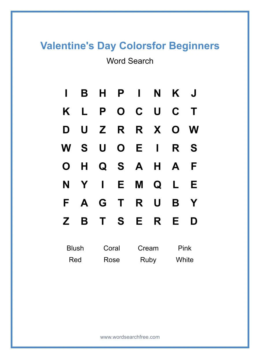 Valentine's Day Colors Word Search for Beginners - Free printable puzzle with 8 words