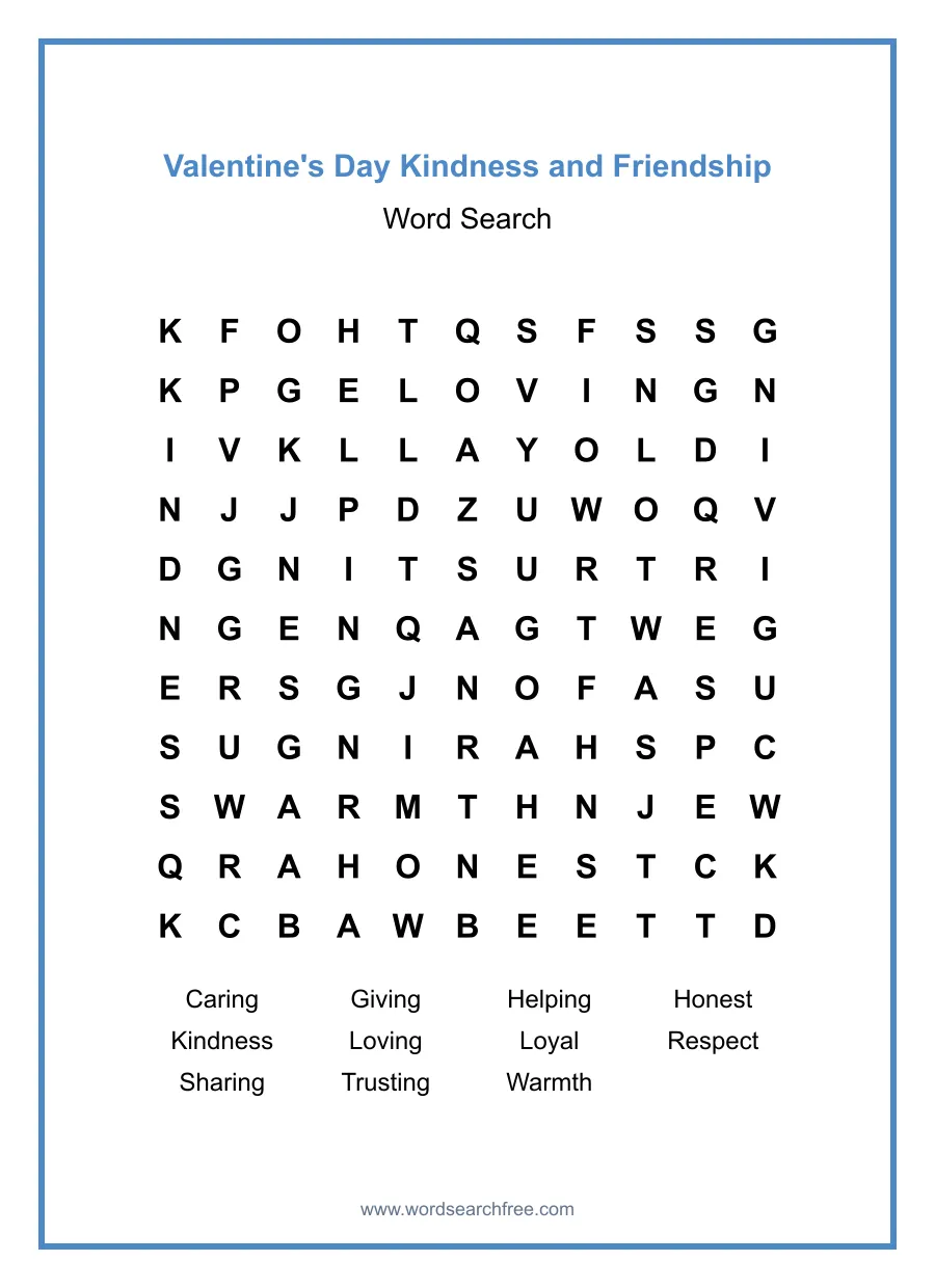 Valentine's Day Kindness and Friendship Word Search - Free printable puzzle with 11 words