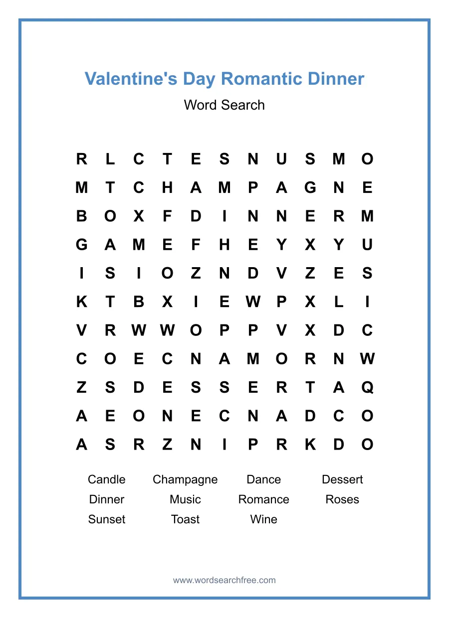 Valentine's Day Romantic Dinner Word Search - Free printable puzzle with 11 words