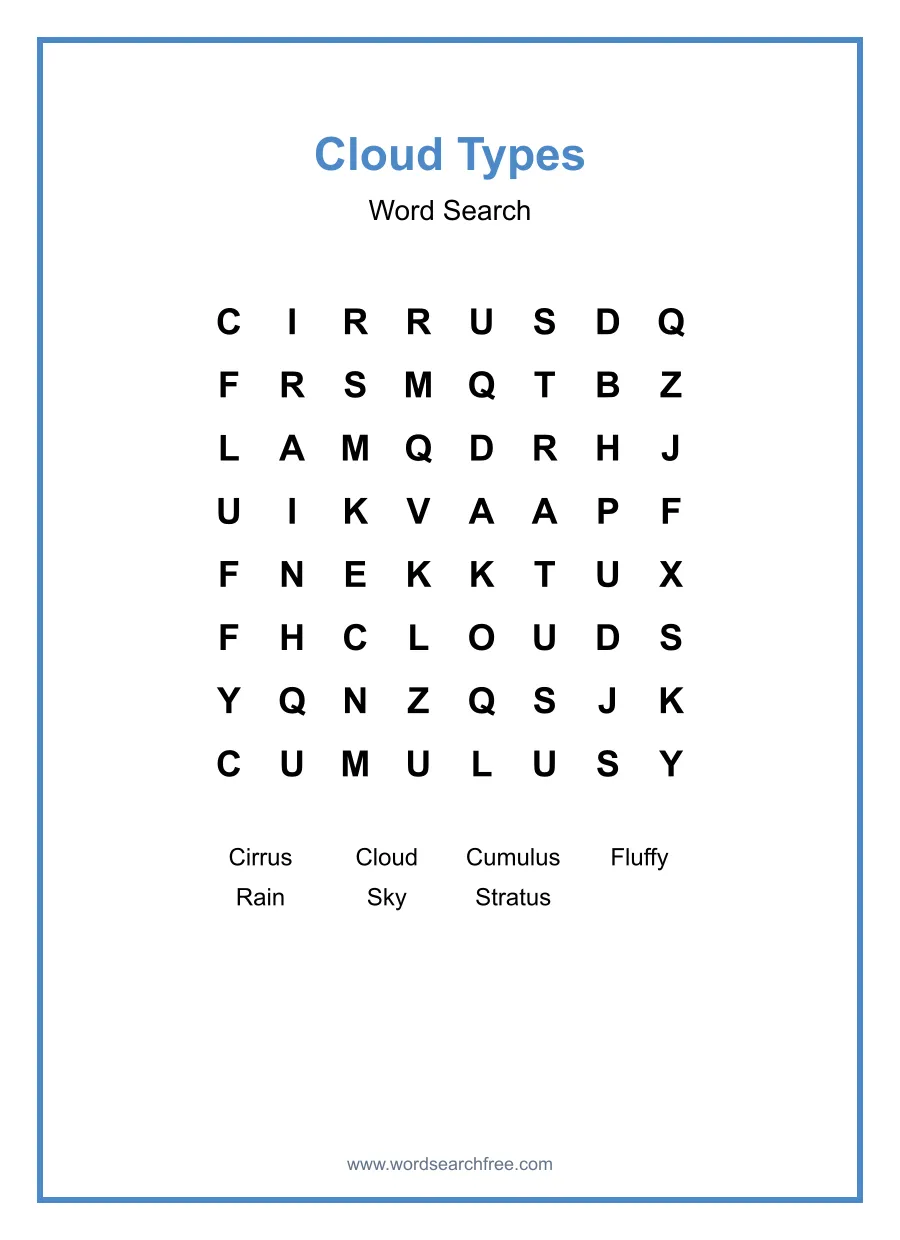 Cloud Types Word Search - Free printable puzzle with 7 words