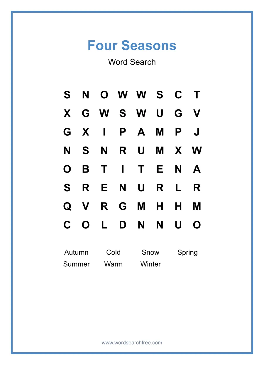 Four Seasons Word Search - Free printable puzzle with 7 words