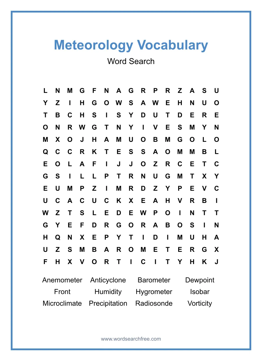 Meteorology Vocabulary Word Search - Free printable puzzle with 12 words