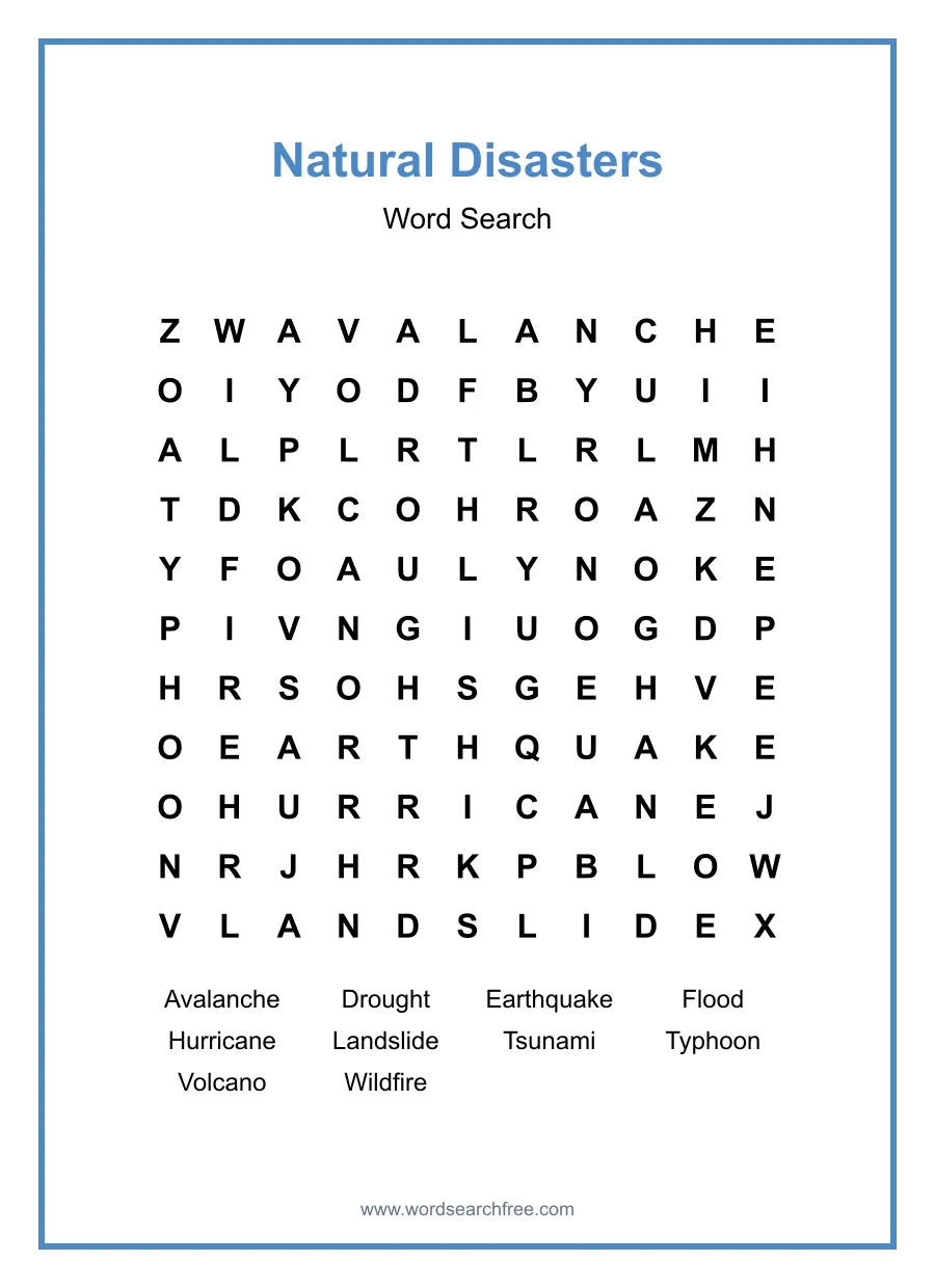 Natural Disasters Word Search - Free printable puzzle with 10 words