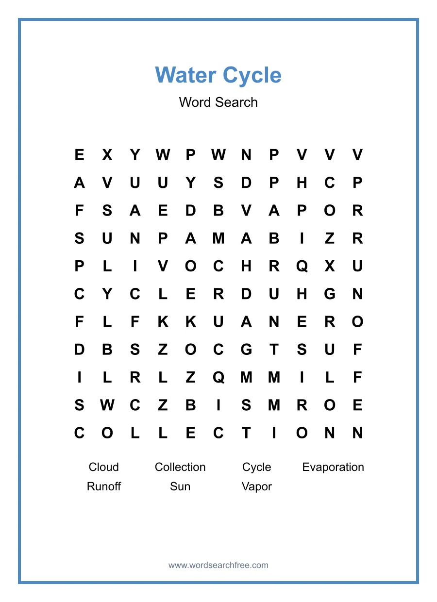 Water Cycle Word Search - Free printable puzzle with 7 words
