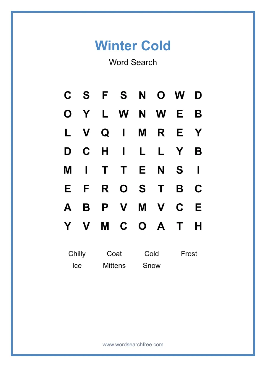 Winter Cold Word Search - Free printable puzzle with 7 words