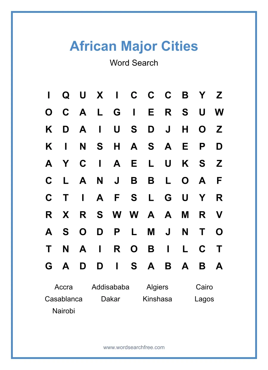 African Major Cities Word Search - Free printable puzzle with 9 words