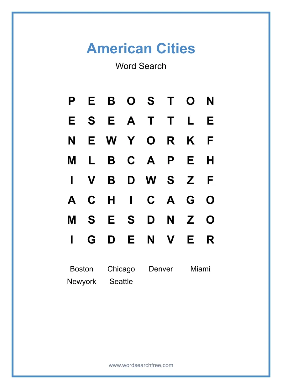 American Cities Word Search - Free printable puzzle with 6 words