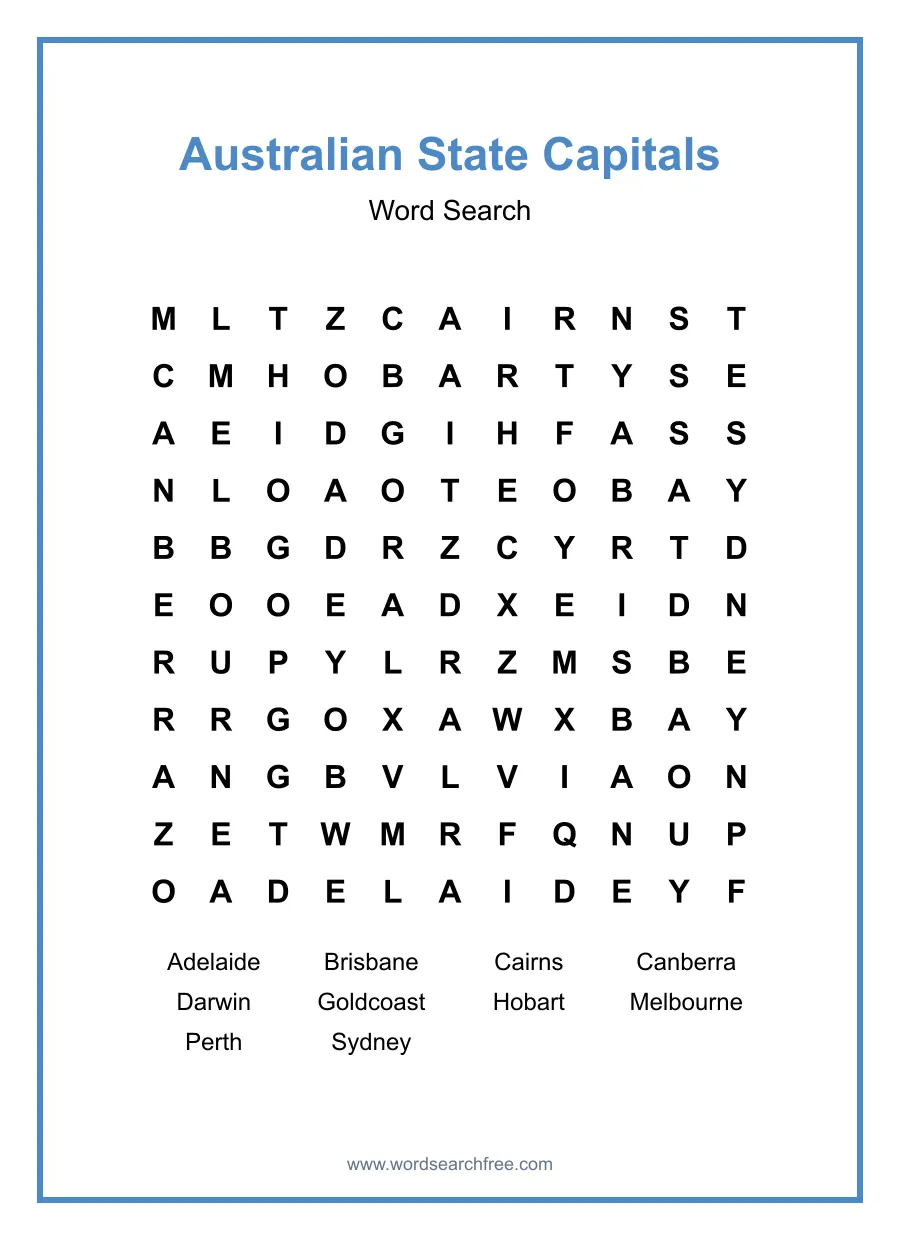 Australian State Capitals Word Search - Free printable puzzle with 10 words