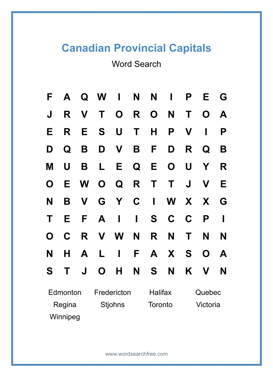 Canadian Provincial Capitals Word Search - Free printable puzzle with 9 words