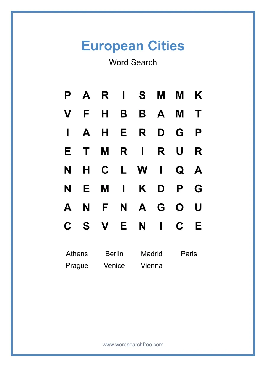 European Cities Word Search - Free printable puzzle with 7 words