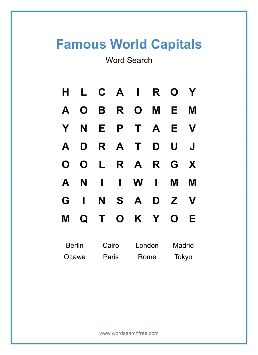 Famous World Capitals Word Search - Free printable puzzle with 8 words
