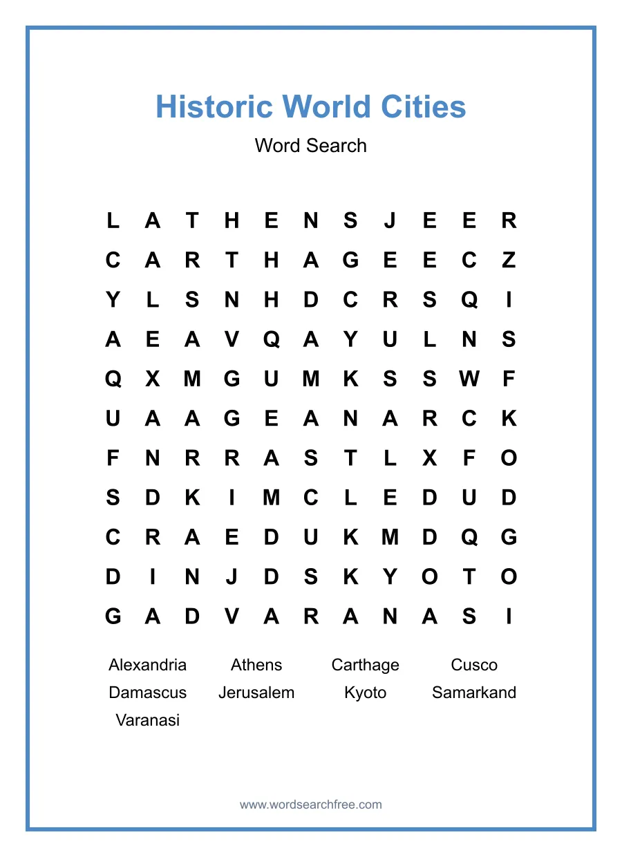 Historic World Cities Word Search - Free printable puzzle with 9 words