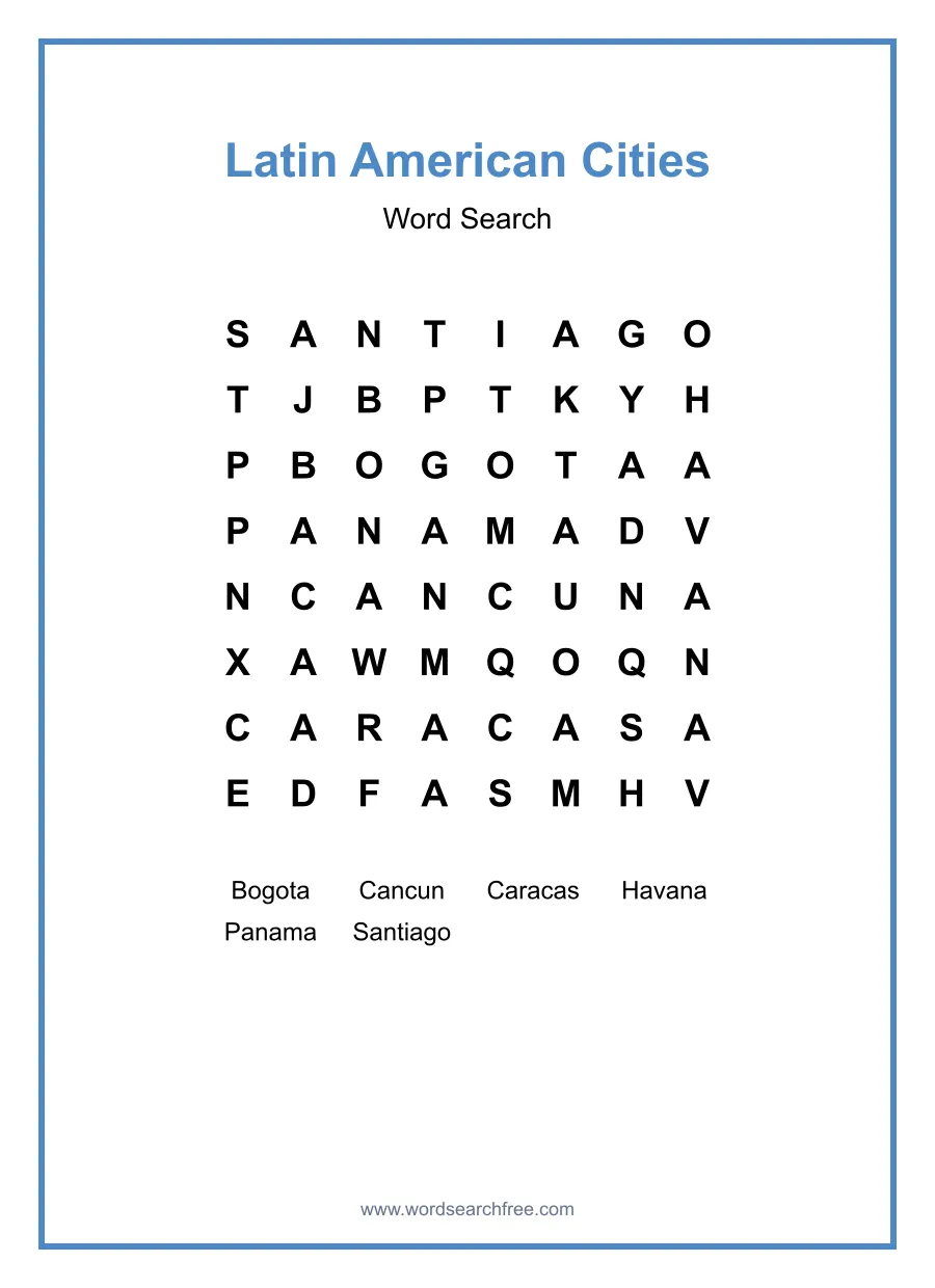 Latin American Cities Word Search - Free printable puzzle with 6 words