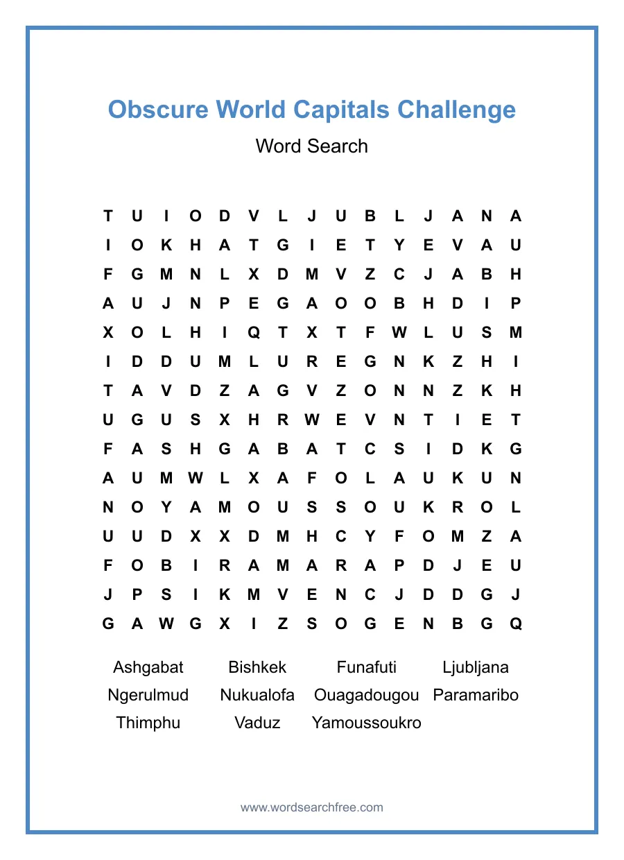 Obscure World Capitals Challenge Word Search - Free printable puzzle with 11 words
