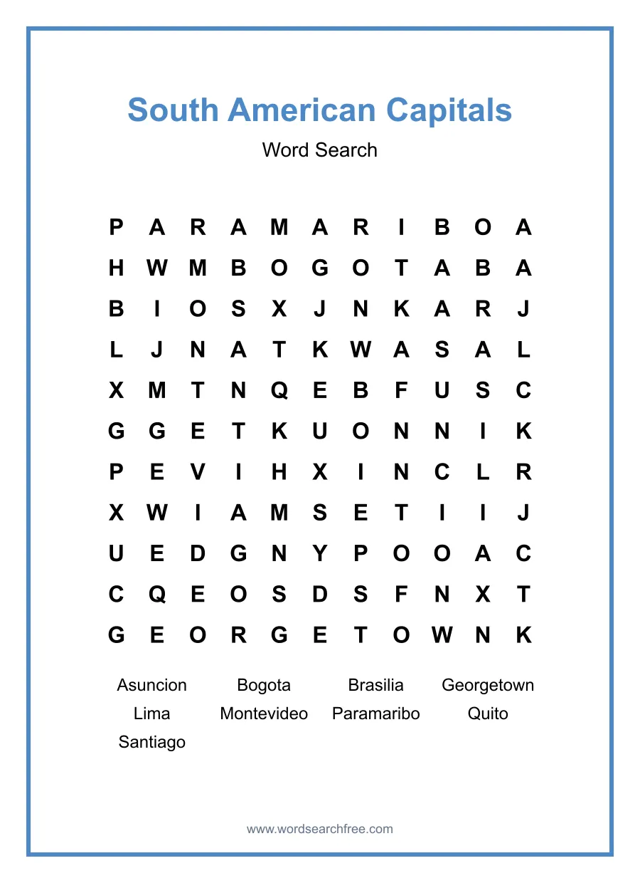 South American Capitals Word Search - Free printable puzzle with 9 words