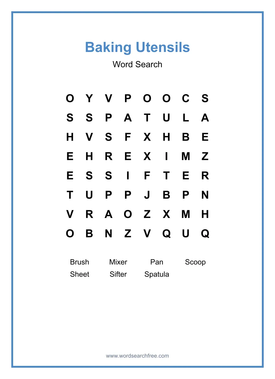 Baking Utensils Word Search - Free printable puzzle with 7 words