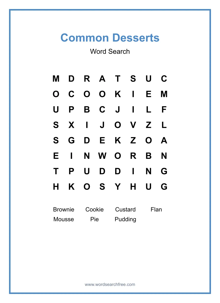 Common Desserts Word Search - Free printable puzzle with 7 words