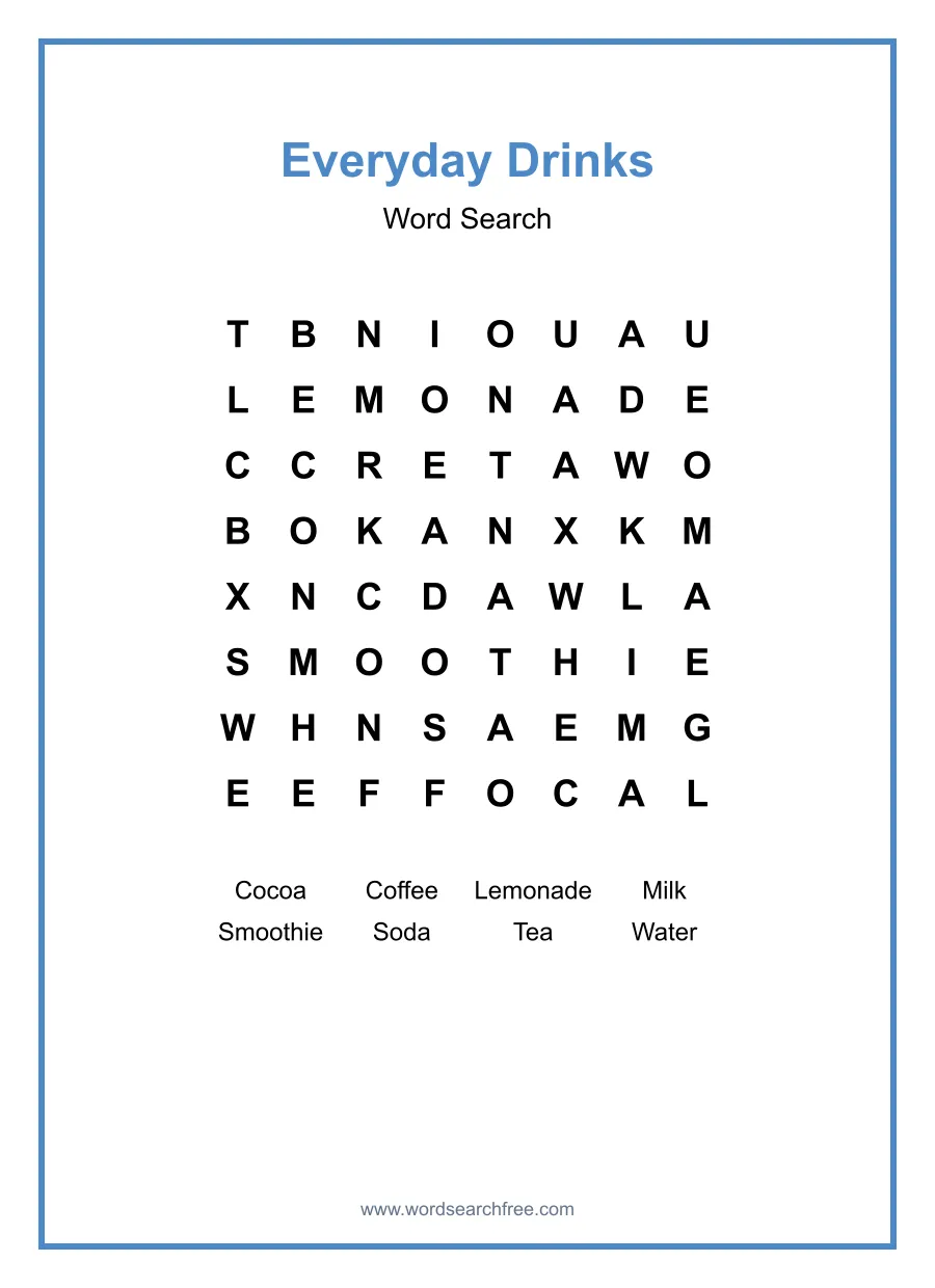 Everyday Drinks Word Search - Free printable puzzle with 8 words