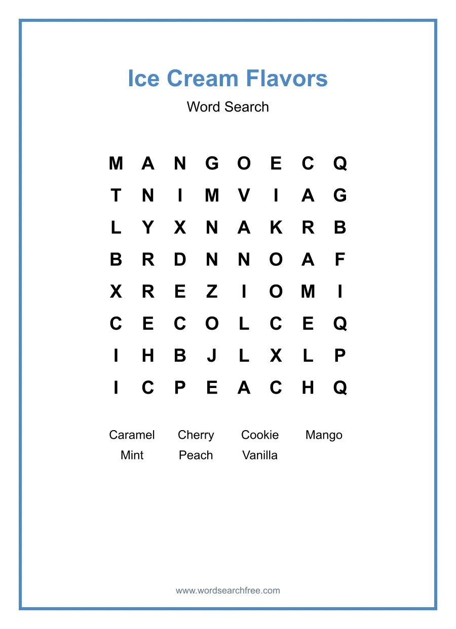 Ice Cream Flavors Word Search - Free printable puzzle with 7 words
