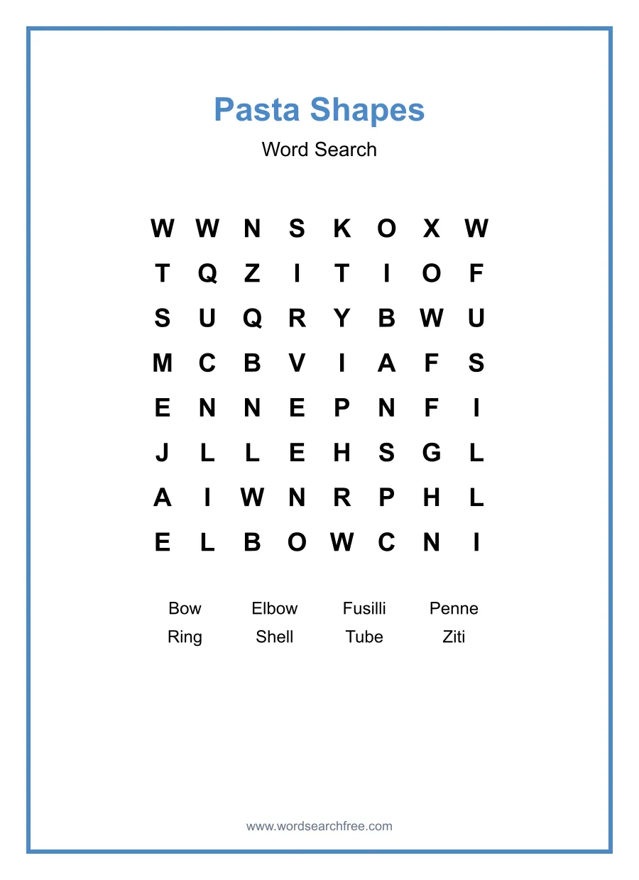 Pasta Shapes Word Search - Free printable puzzle with 8 words