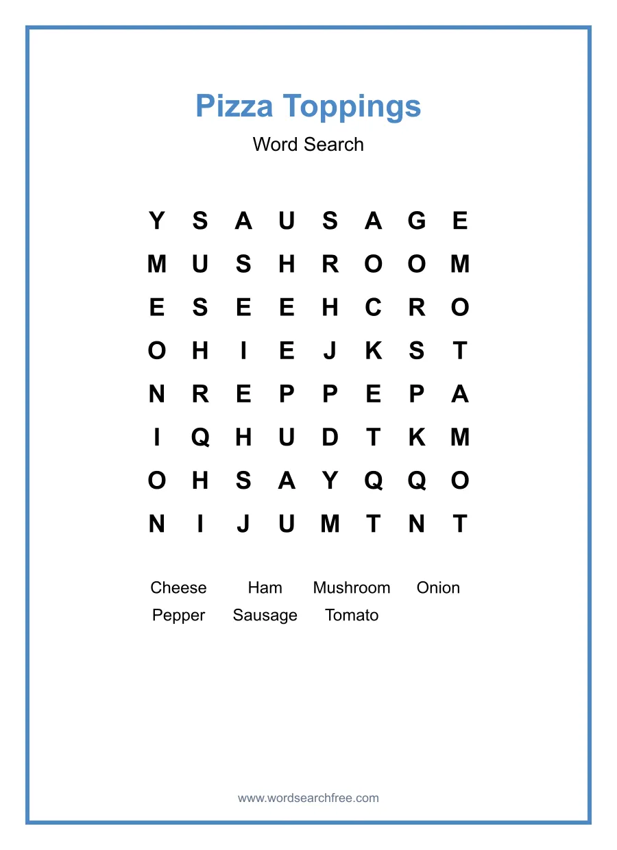 Pizza Toppings Word Search - Free printable puzzle with 7 words