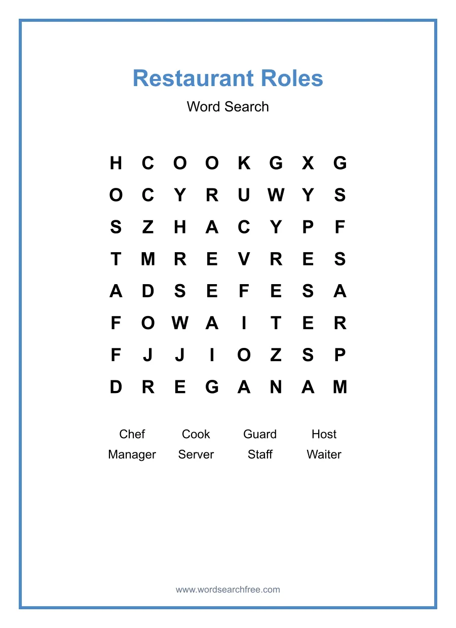 Restaurant Roles Word Search - Free printable puzzle with 8 words
